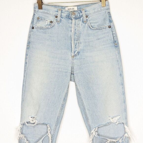 Agolde Riley Light Blue High Rise Distressed Straight Cropped Jeans - Picture 2 of 10
